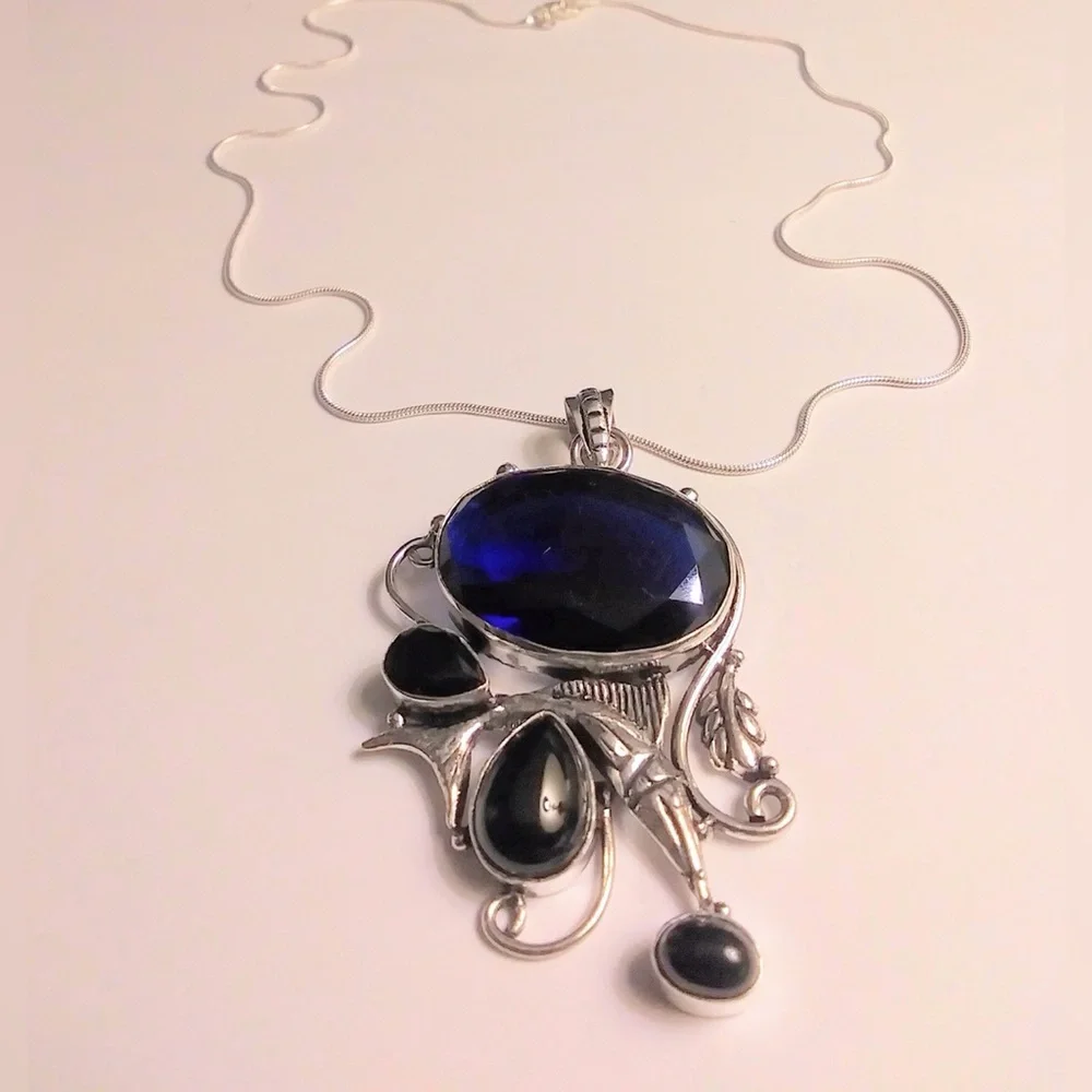 Tanzanite Black Onyx Stamped 925 Sterling Silver Necklace